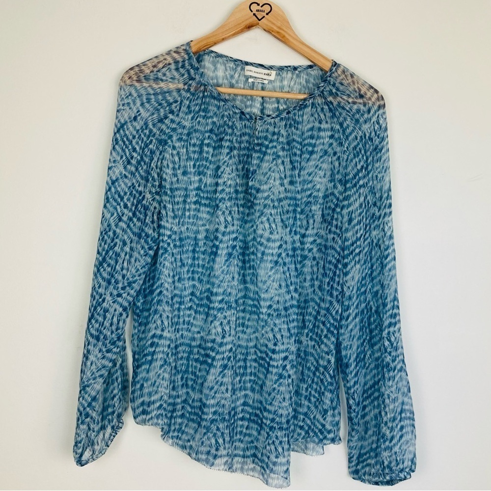 Isabel Marant Etoile blue and white semi sheer print peasant blouse.